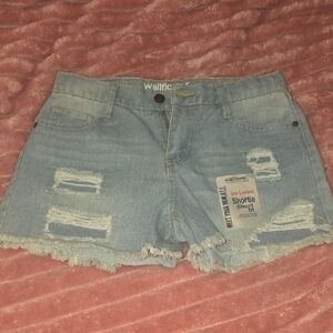 Wallflower Light Blue Distressed Denim Shortie Shorts with Frayed Hem